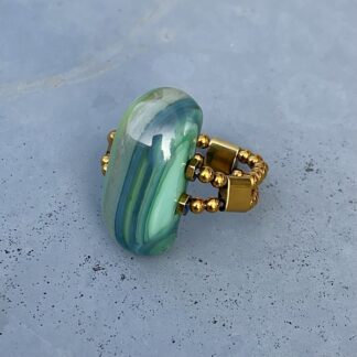 Bague double dorée en agate rayée verte-1