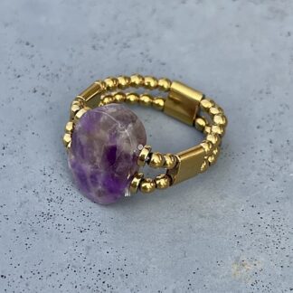 Bague double dorée en améthyste chevrons foncée-1