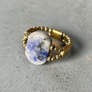 Bague double dorée en jaspe moucheté bleu-4