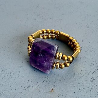 Bague double dorée en fluorite violette