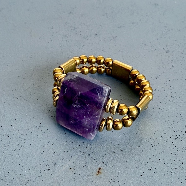 Bague double dorée en fluorite violette