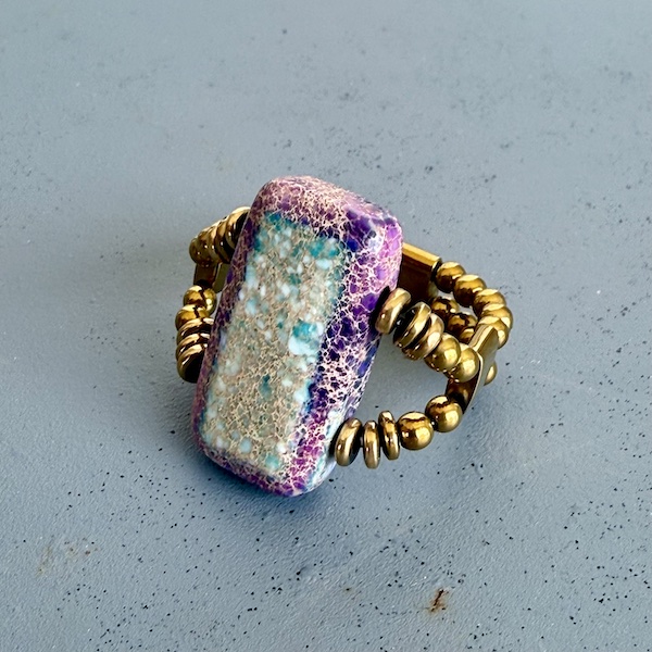 Bague double dorée en jaspe impérial turquoise : violet