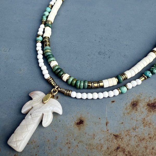 Collier PALM 50 cm en howlite blanche et turquoise africaine.-2