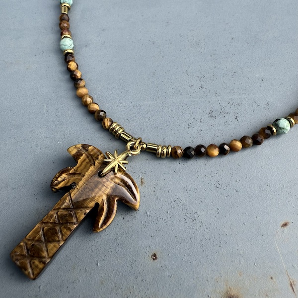 Collier PALM 50 cm en oeil de tigre et turquoise africaine-1