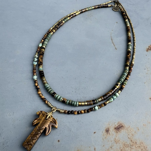 Collier PALM 50 cm en oeil de tigre et turquoise africaine-2