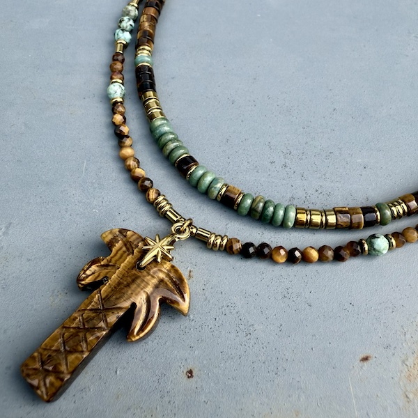 Collier PALM 50 cm en oeil de tigre et turquoise africaine-3