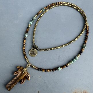 Collier PALM 50 cm en oeil de tigre et turquoise africaine