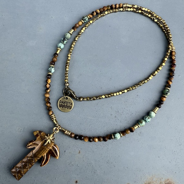 Collier PALM 50 cm en oeil de tigre et turquoise africaine