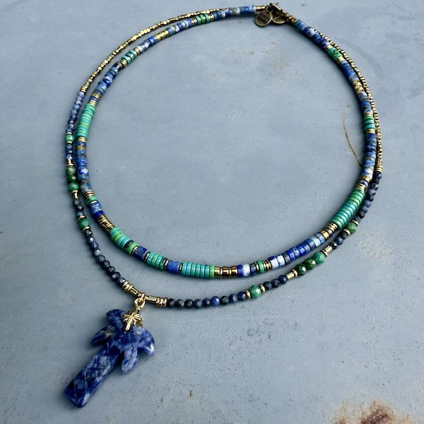 Collier PALM 50 cm en sodalite et chrysocolle verte-3