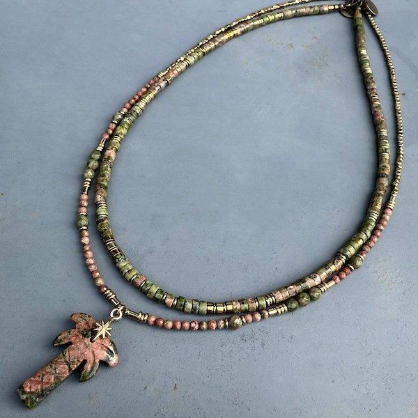 Collier PALM 50 cm en unakite rose et verte-2