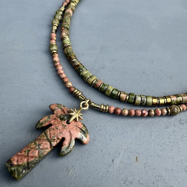 Collier PALM 50 cm en unakite rose et verte-3