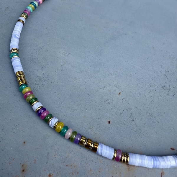 Collier SURF 45 cm en agate dentelle bleue et agate multicolore-1