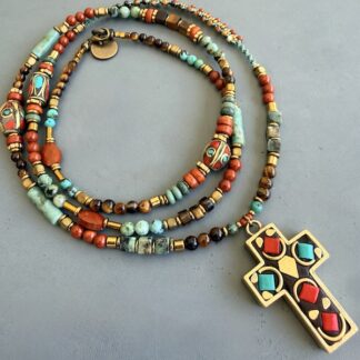 Collier COKATA 75 cm en jaspe rouge, oeil de tigre et turquoise africaine