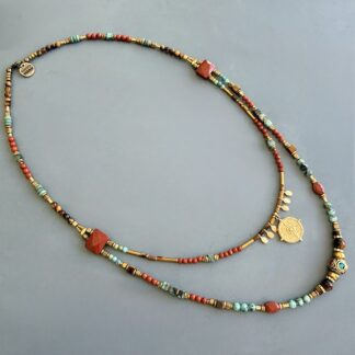 Collier double SLOWLIA 53 et 60 cm en jaspe rouge, oeil de tigre et turquoise africaine