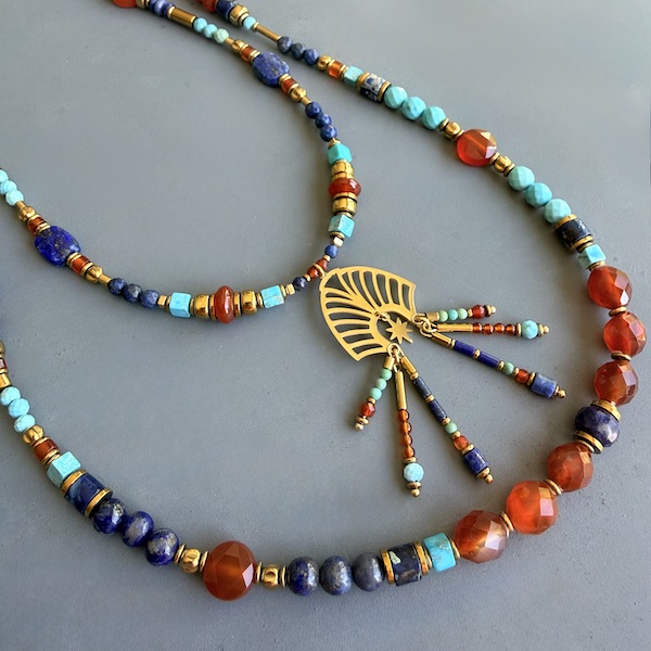 Colliers NAPYUKA et TANKA en cornaline, lapis lazuli et turquoise de Hubei-1