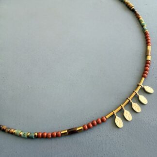 Jonc NUMPA 40 cm en jaspe rouge, oeil de tigre et turquoise africaine-1