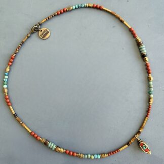 Ras du cou TOPA 42 cm en jaspe rouge, oeil de tigre et turquoise africaine