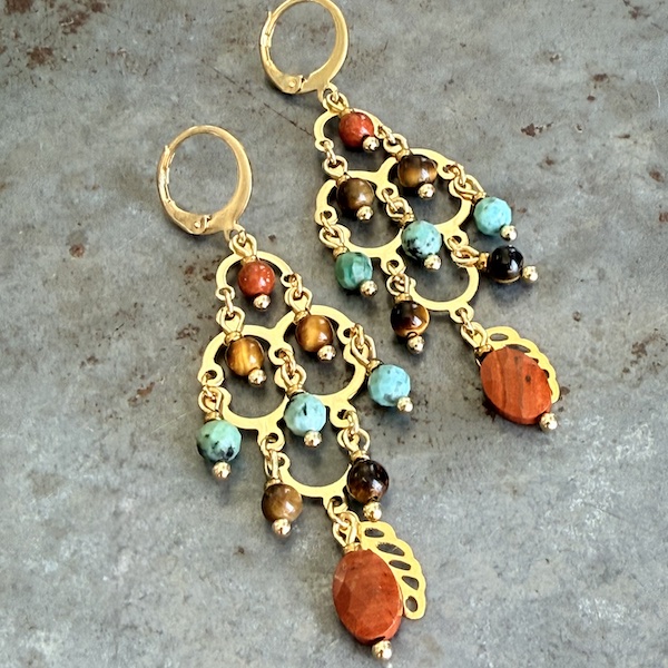 Boucles d'oreilles OWI 1160 en turquoise, jaspe et oeil de tigre